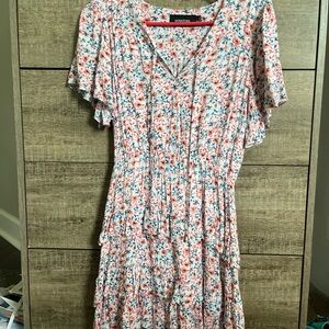 Floral V-Neck Dress in Blue, Pink and White